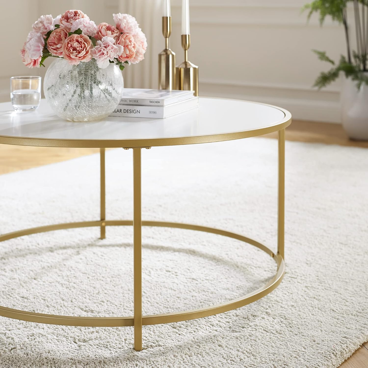 VASAGLE - Table basse ronde verre et acier, doré blanc, LCT091A10