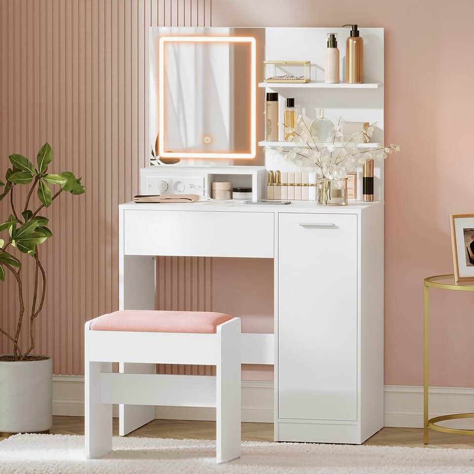 VASAGLE - Kailyn Collection - coiffeuse moderne LED, multiprise, 2 étagères, 1 tiroir, tabouret - RDT738W01