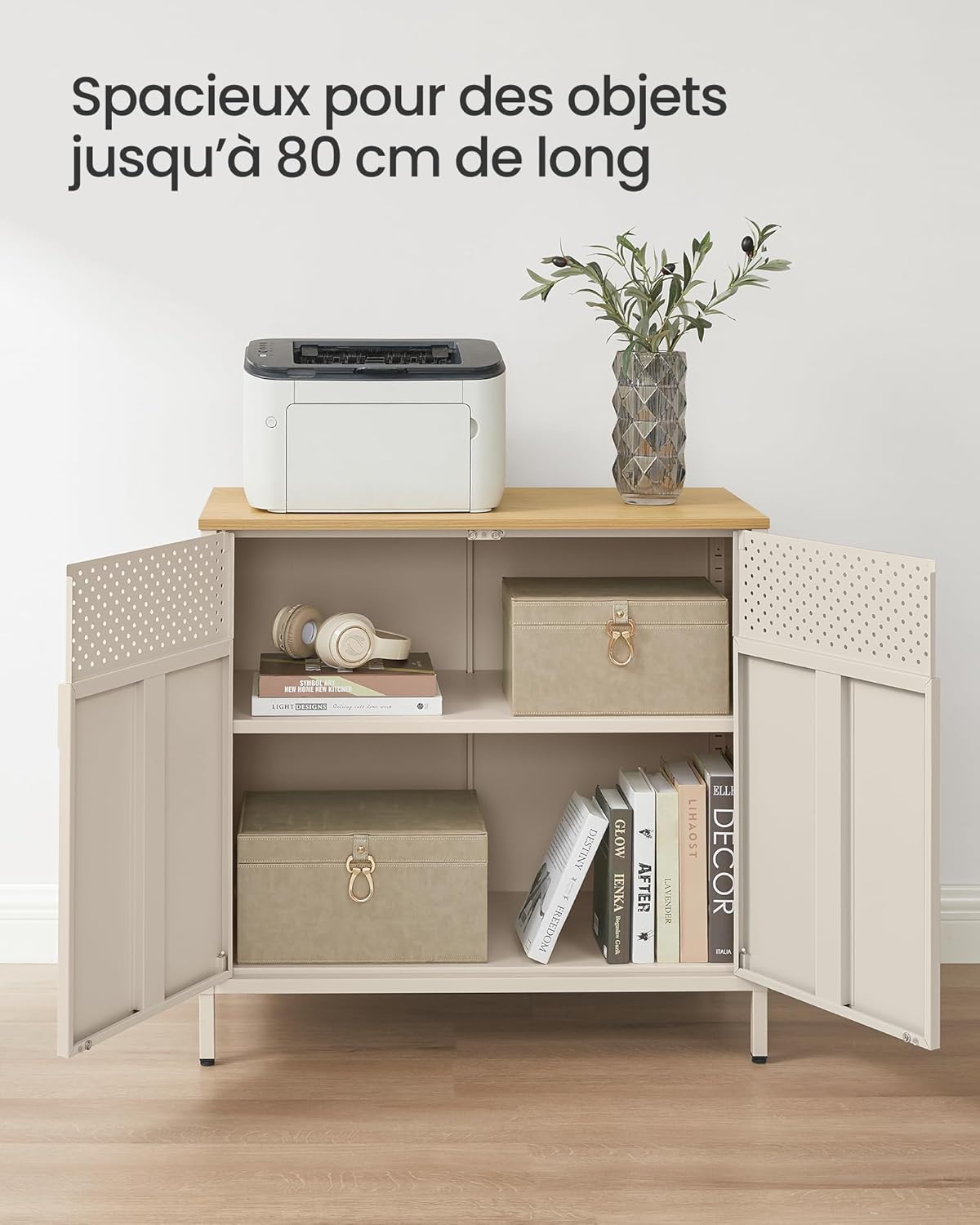 SONGMICS - Meuble de rangement double porte métal, 40x80x76 cm, beige, fermeture magnétique LSC102L01