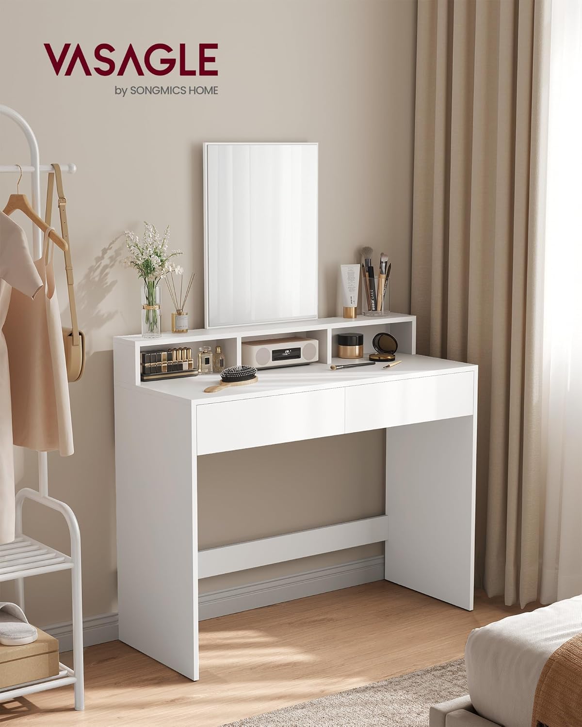 VASAGLE - KAILYN Collection - 100x40x140 cm - coiffeuse, miroir, 2 tiroirs, 3 compartiments RDT163W01