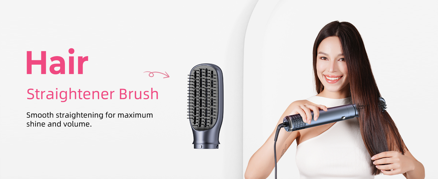 Le texte se lit comme suit : « Brosse à lisser les cheveux ». Démonstration de produit montrant un outil de coiffure utilisé pour coiffer les cheveux.