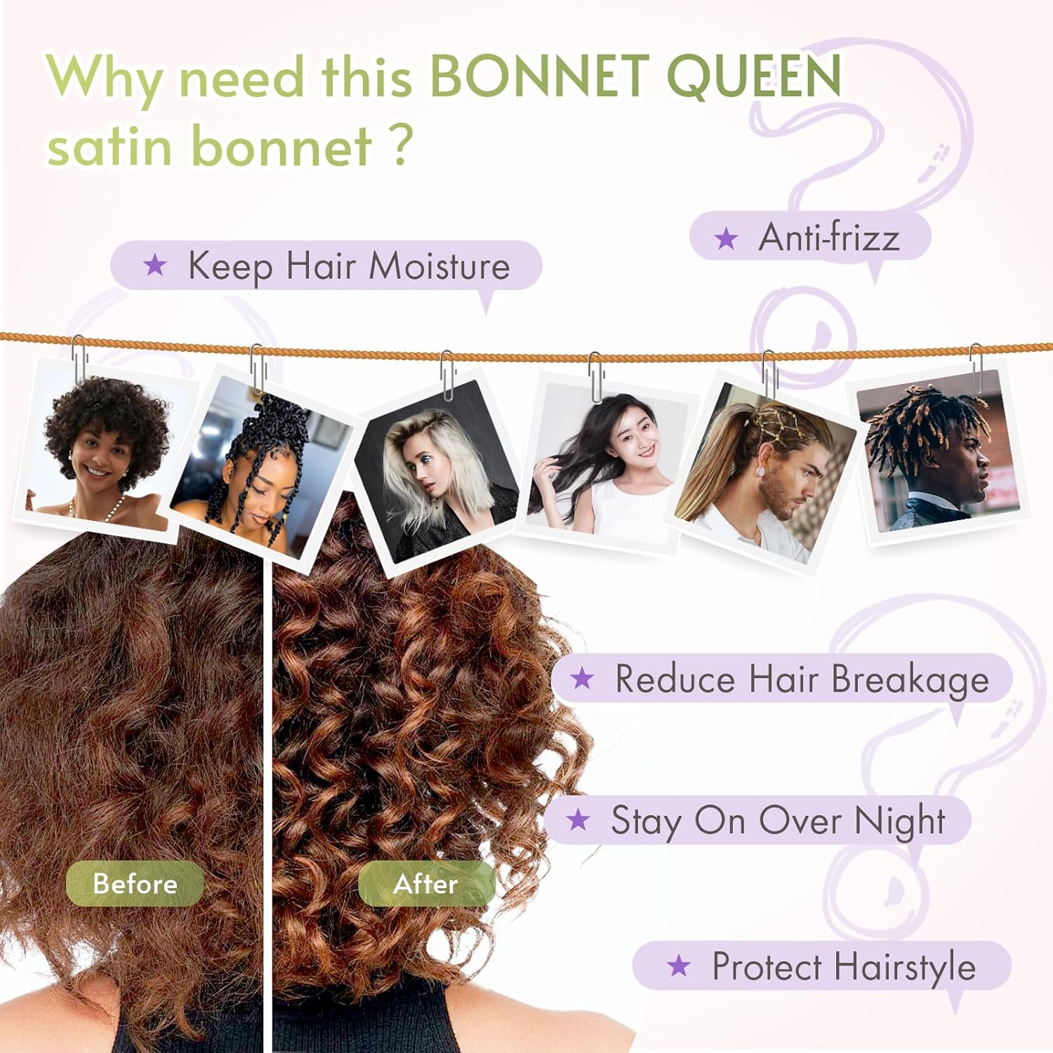 BONNET QUEEN - Bonnet Satin Nuit Réglable Cheveux Bouclés - Taille M