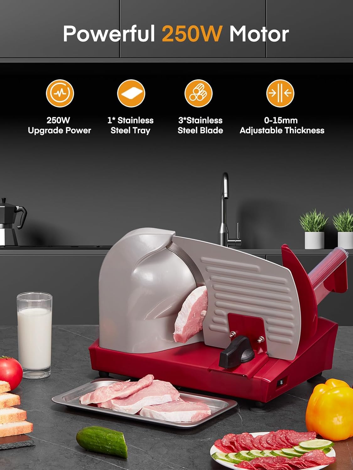 Trancheuse électrique - 250W, 19cm, 3 lames, épaisseur réglable, sécurité