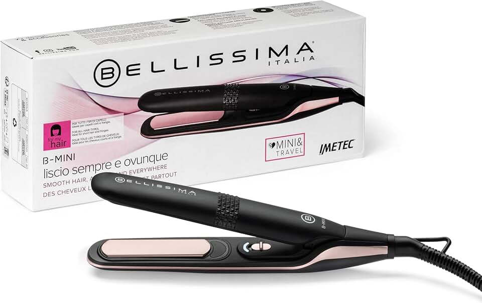 Bellissima - Mini lisseur compact, léger, céramique, 200°C, multivoltage