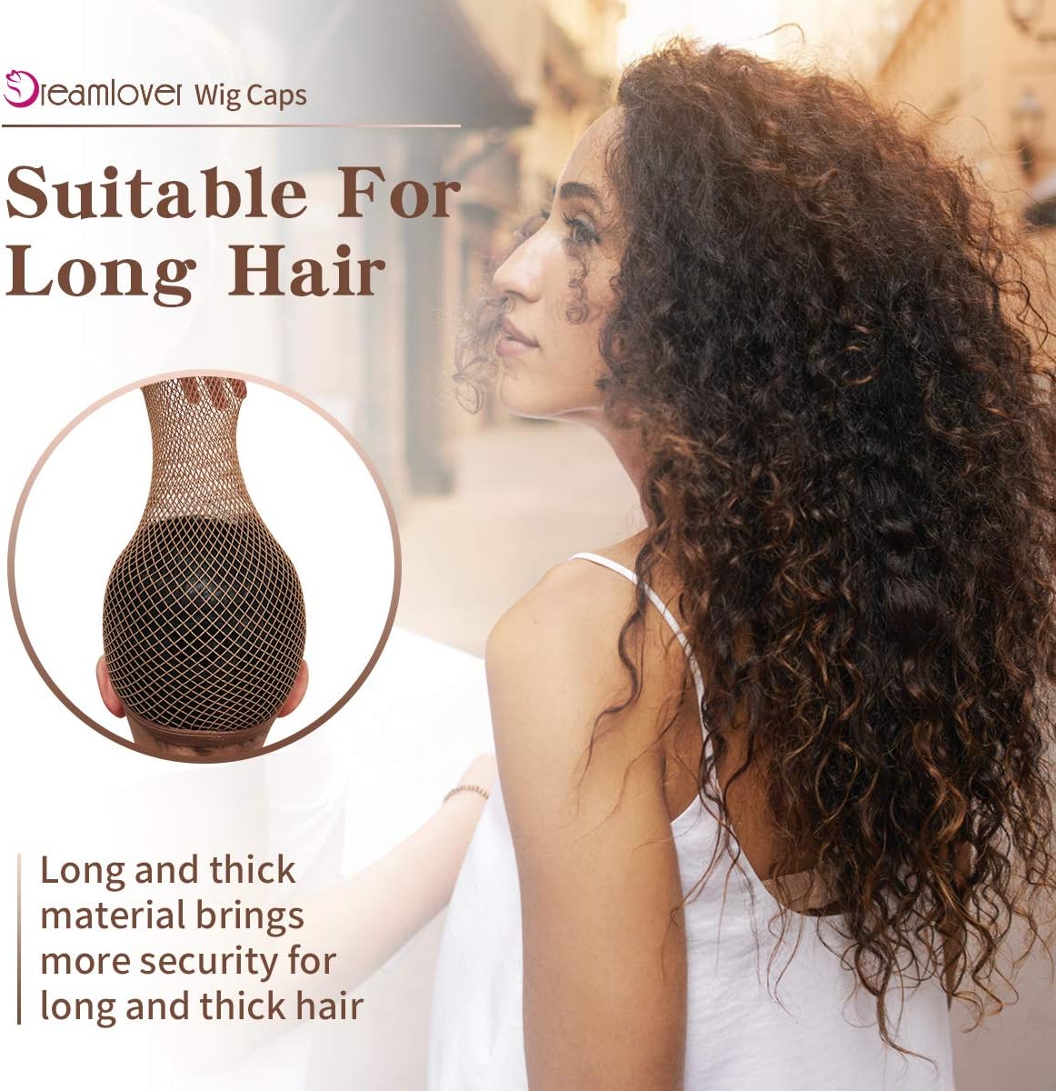 Dreamlover - Bonnet de perruque en maille, long, marron, lot de 2
