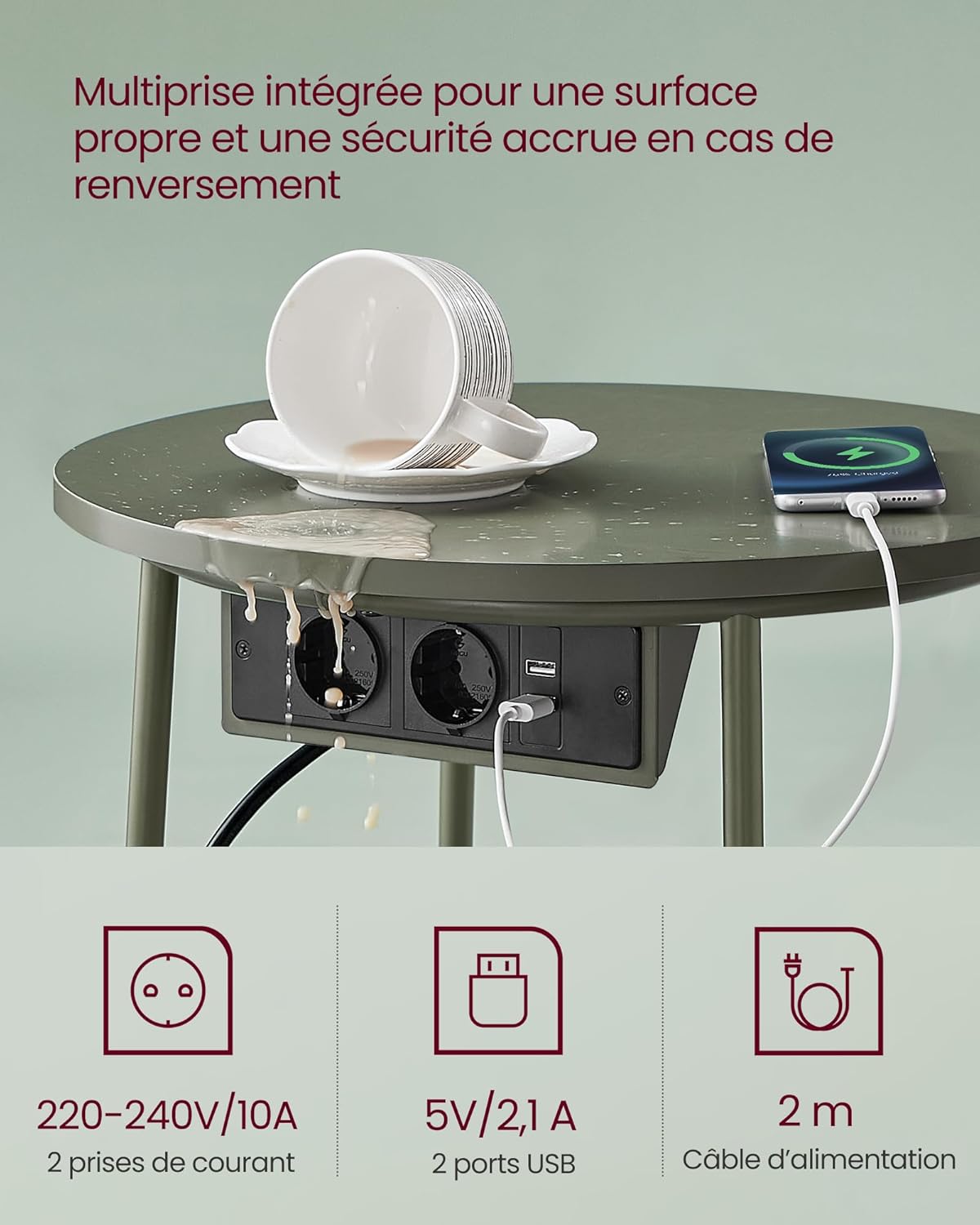 VASAGLE - Petite table basse moderne, 45x45x54 cm, panier tissu, multiprise, vert forêt/blanc crème, LET228C05