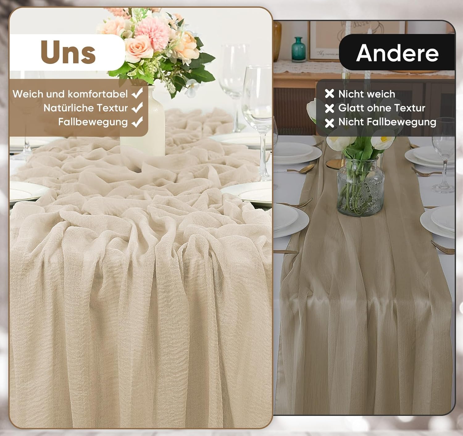 Chemin de table étamine beige – 80x300 cm – gaze transparente bohème