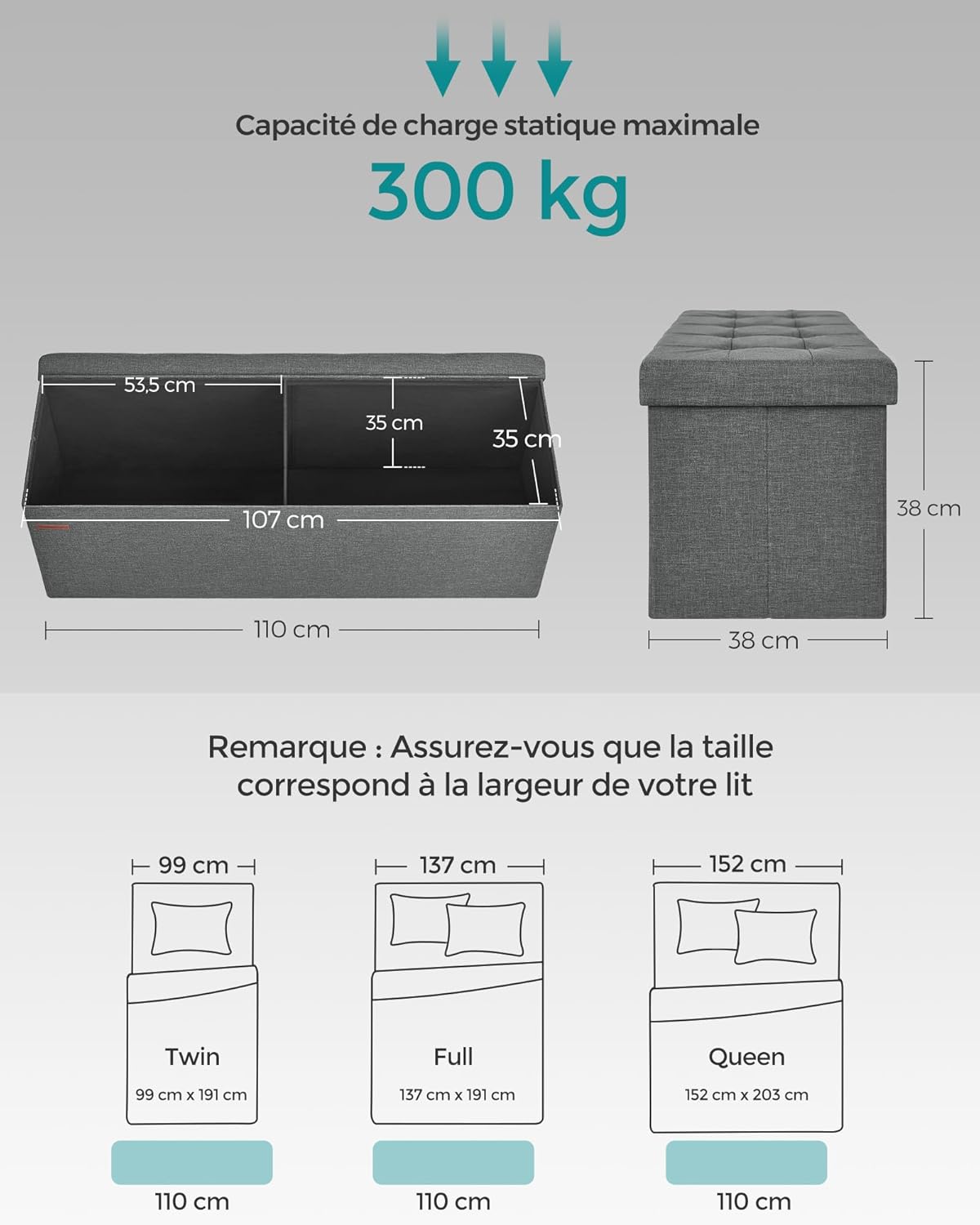 SONGMICS - Mazie Collection - 110 cm - banc pliable, montage facile, LSF77K