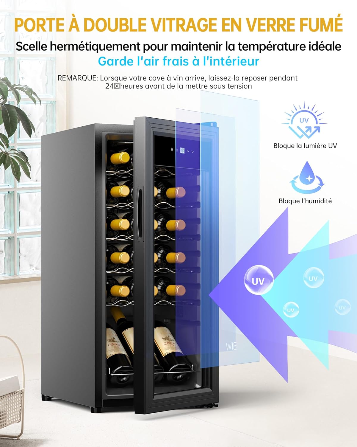 WIE - cave à vin 18 bouteilles, 53L, porte vitrée, compresseur, LED