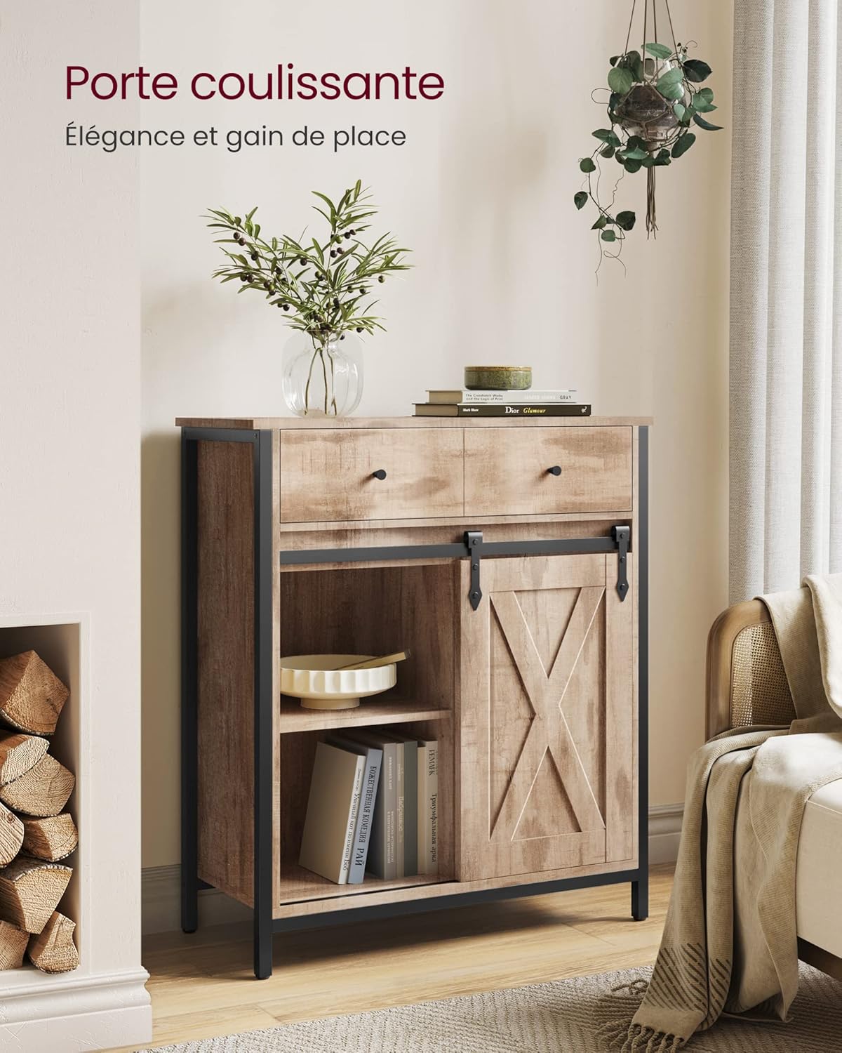 VASAGLE - buffet cuisine série LSC - 30x70x80 cm, porte coulissante, tiroirs, étagères réglables, marron/noir - LSC100B5