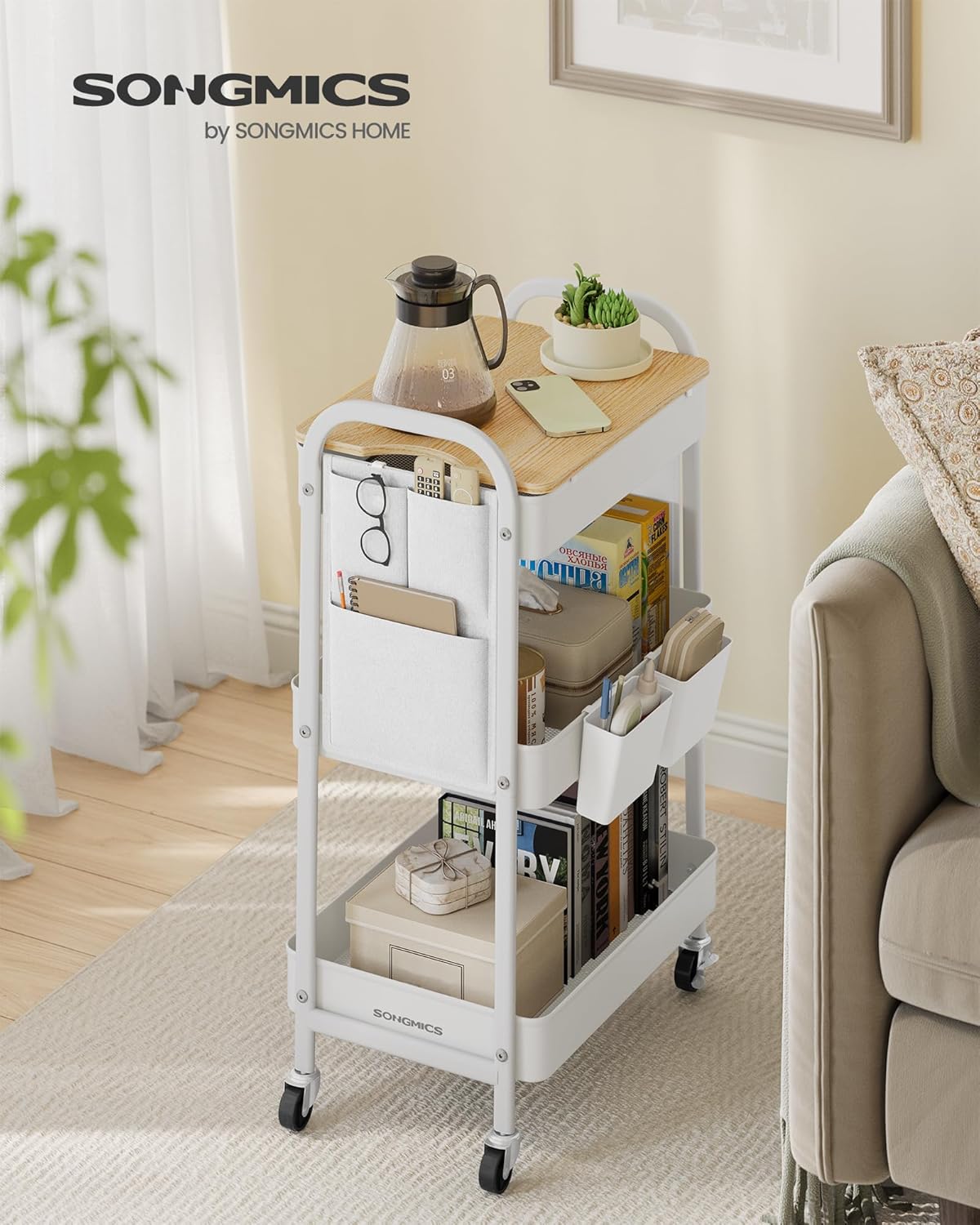 SONGMICS - Chariot de rangement 3 niveaux, blanc, avec table, pots et poches - LRC036W01