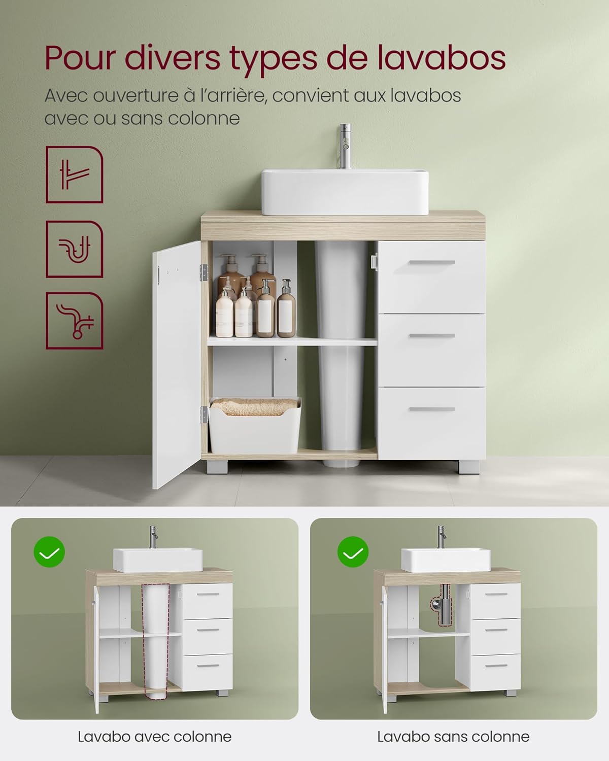 VASAGLE - meuble sous lavabo, 30x70x64 cm, 3 tiroirs, 2 cases, BBK504K01