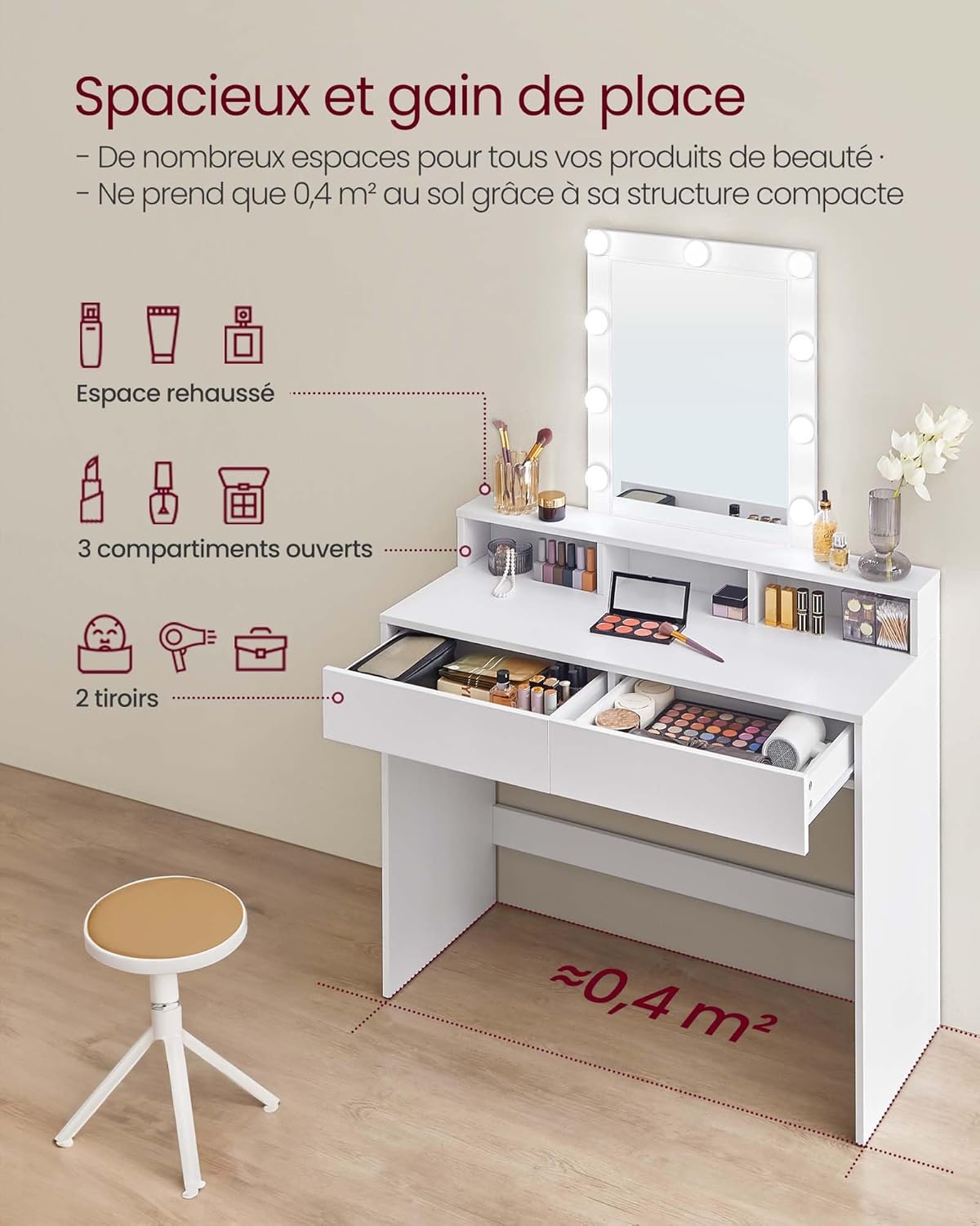 VASAGLE - KAILYN Collection - 100x40x145 cm - coiffeuse LED, 2 tiroirs, blanc RDT164W01
