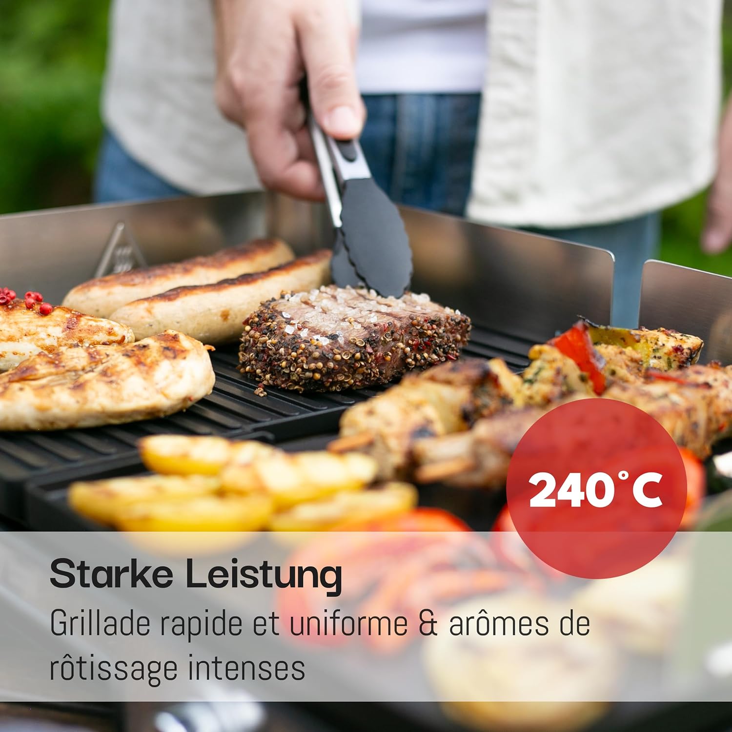 LEBENLANG - Plancha électrique inox XXL - 2400W, usage intérieur/extérieur, protection éclaboussures, pince incluse - LE