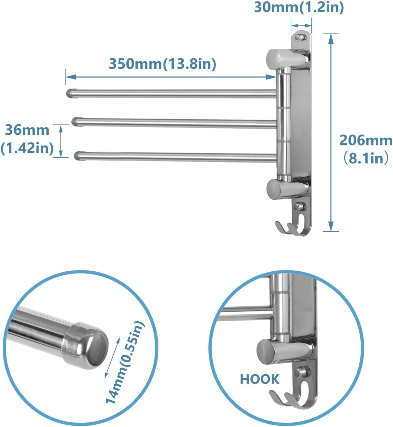 JSVER - porte-serviettes 3 barres rotatives inox 180° - salle de bain