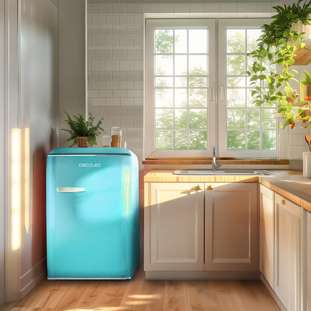 Cecotec - Bolero CoolMarket TT Origin 110 - 110L - Mini frigo rétro, classe E, éclairage LED, poignée chromée, ICEBOX, o