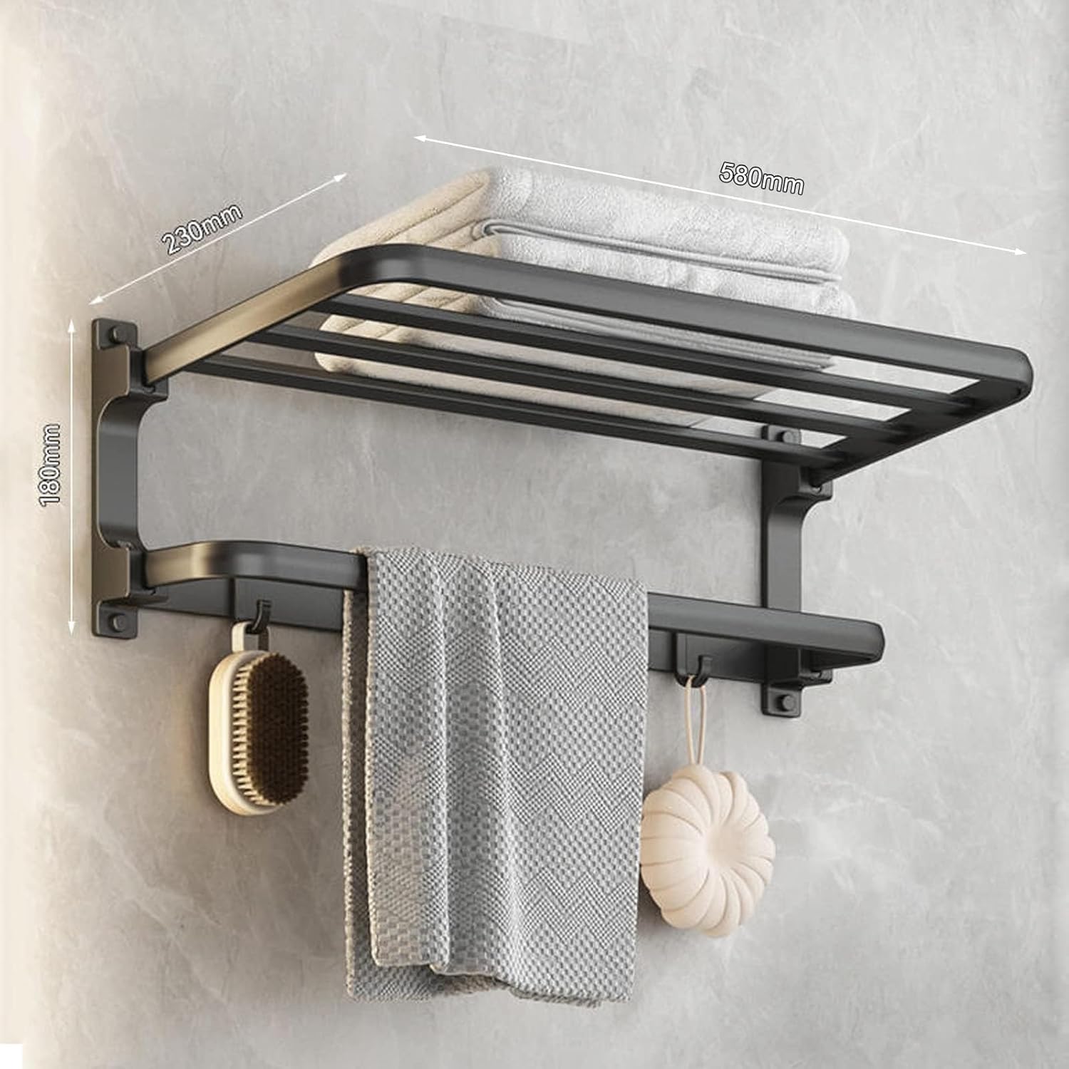 Porte-serviettes mural sans perçage 58cm, 5 crochets, gris