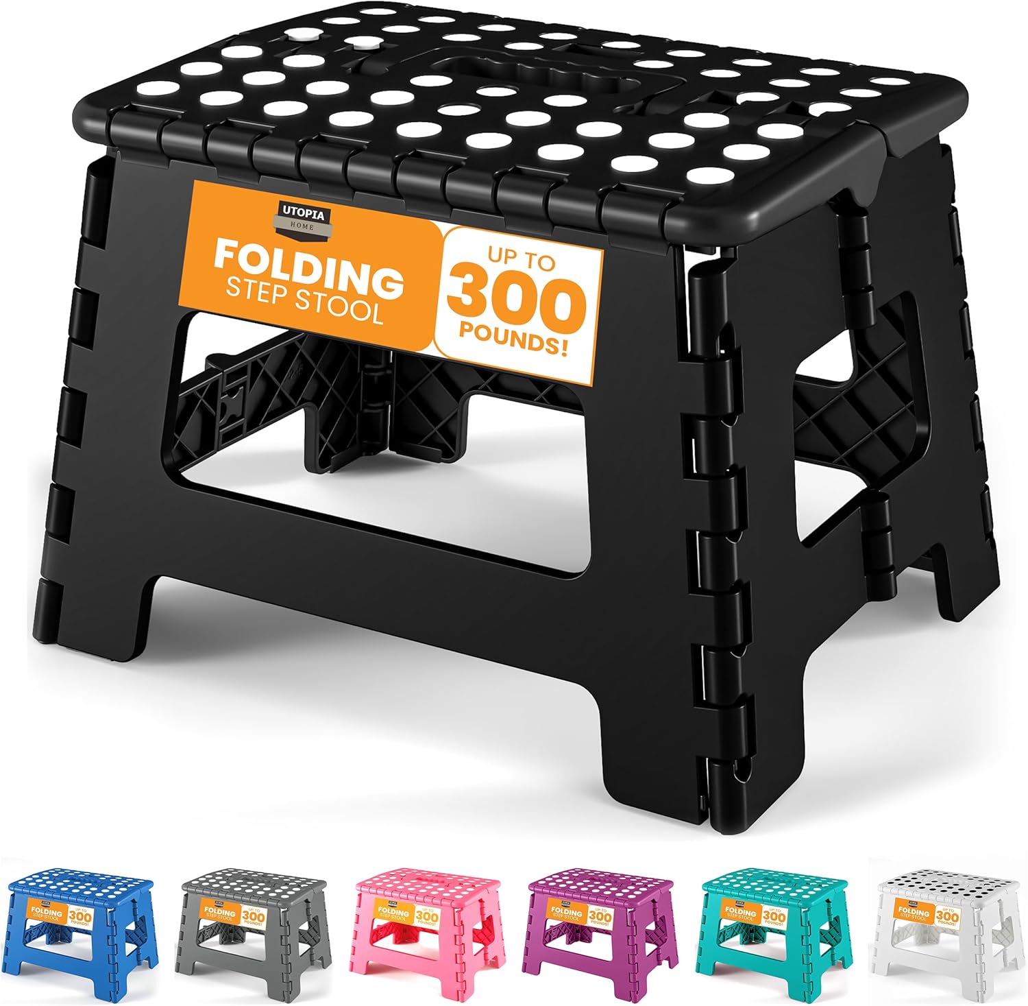 Utopia Home - Tabouret pliant 23 cm - antidérapant, portable, charge 272 kg, noir