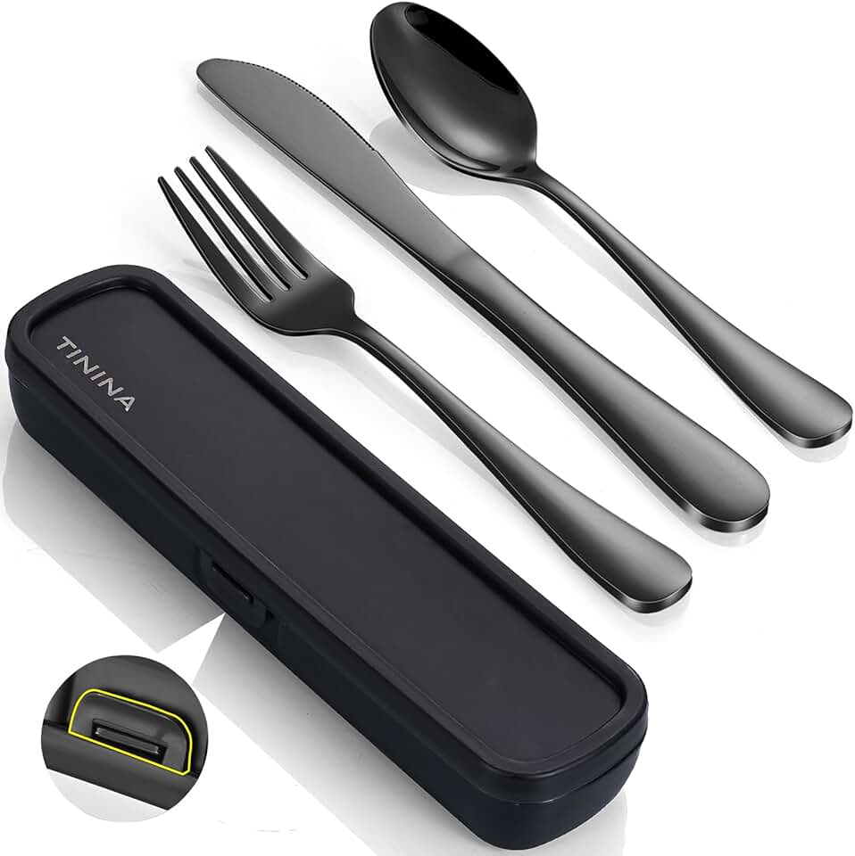Couverts de camping - acier inoxydable - étui renforcé - lavable - noir