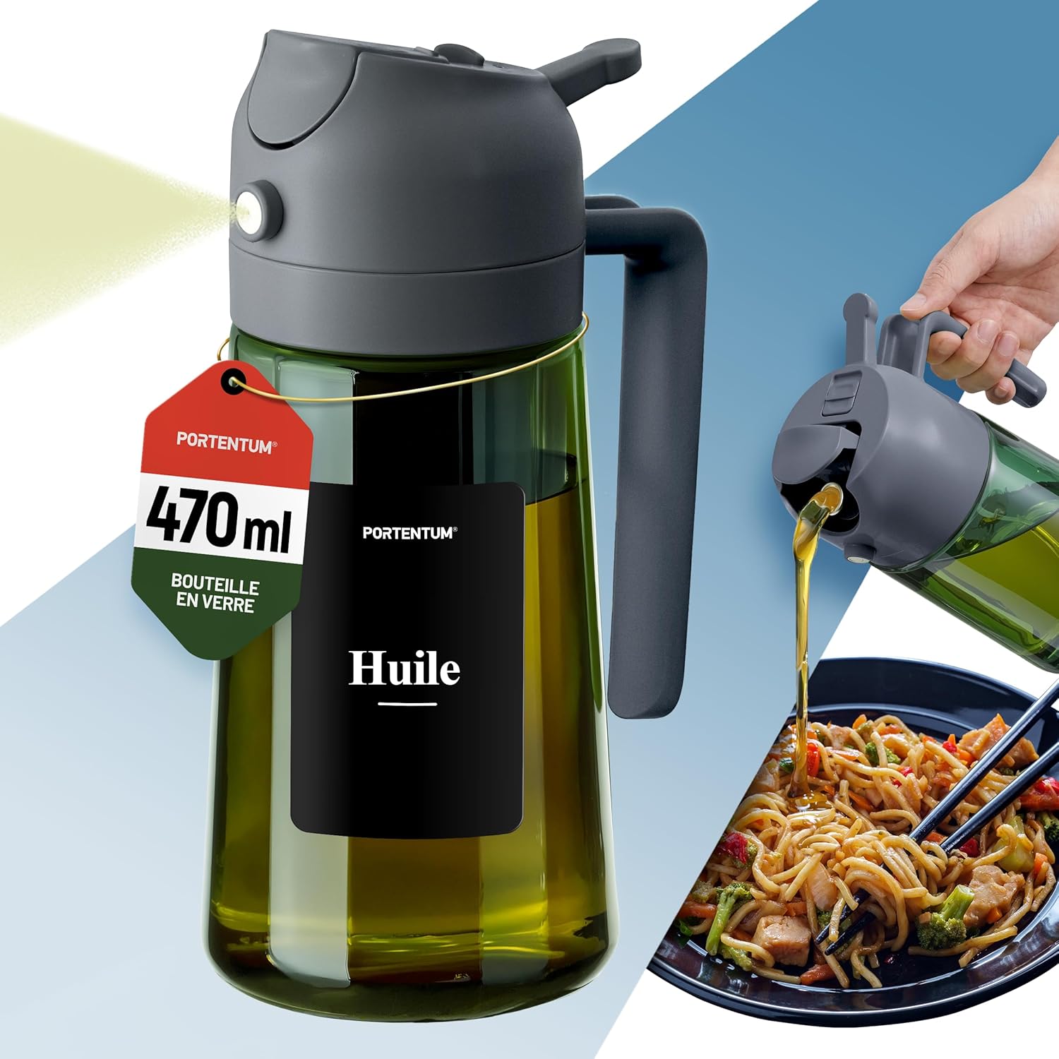 PORTENTUM - spray huile cuisine 2 en 1 - 470ml - verre vert, protection lumière