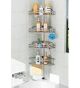 Le texte se lit comme suit : « Image 1 ». Panier de douche d'angle pour salle de bain avec plusieurs étagères chromées fixées au mur, présentant divers flacons de toilette et articles de soins personnels.