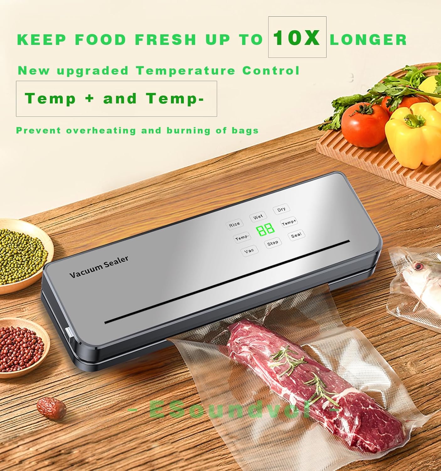 ESoundvol - Machine sous vide 8 en 1 - contrôle température, LED, coupe-aliments, 10 sacs
