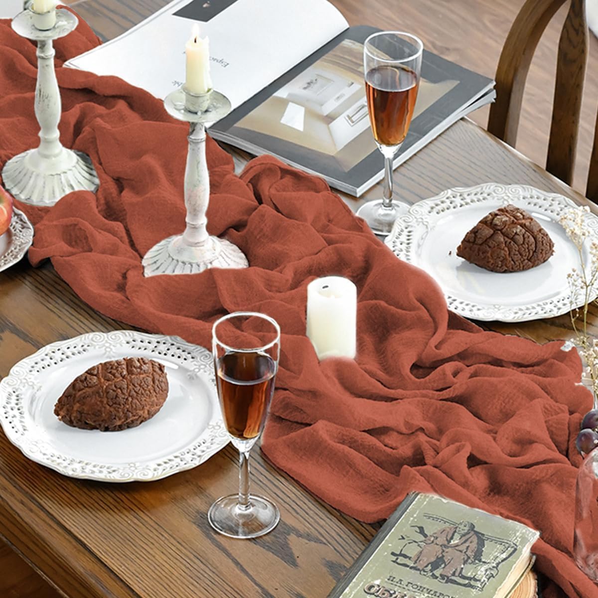 Artoid Mode - Chemin de table Bohême - 300 cm - gaze mousseline, terre cuite