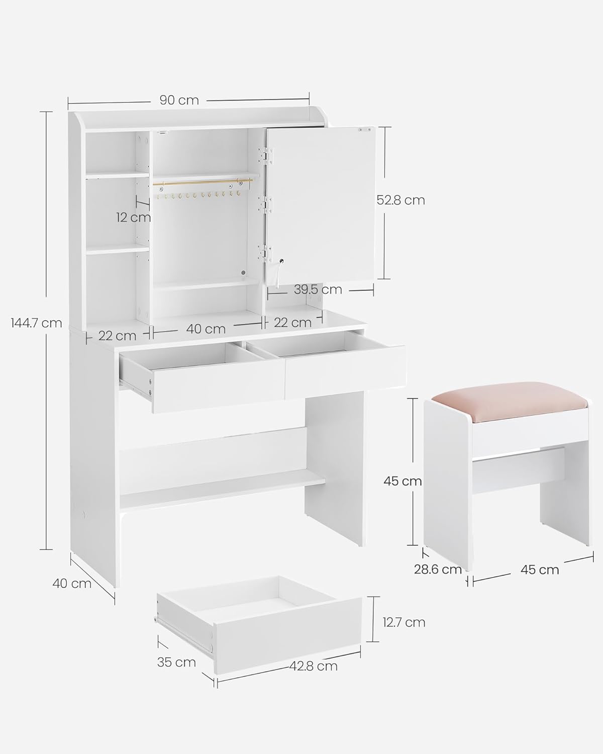 VASAGLE - Kailyn Collection - coiffeuse LED, 3 couleurs, 2 tiroirs, étagère réglable, blanc, RDT723W01