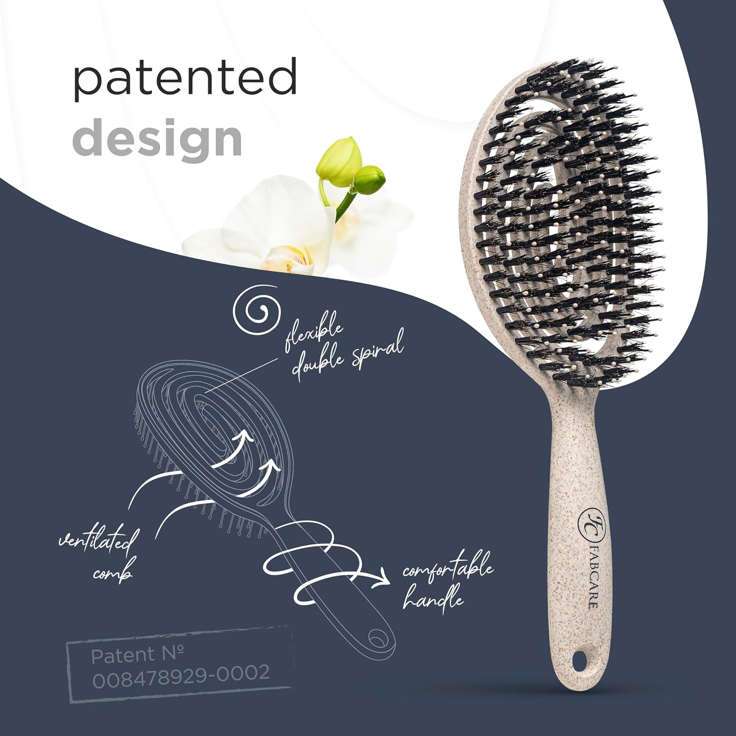 FABCARE - Brosse à cheveux Double Ressort - sanglier, démêlante, beige