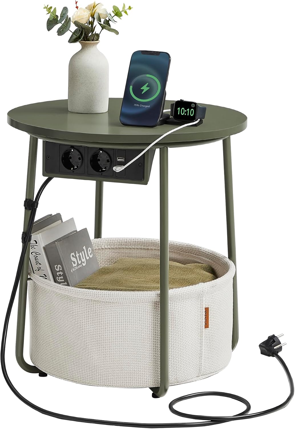 VASAGLE - Petite table basse moderne, 45x45x54 cm, panier tissu, multiprise, vert forêt/blanc crème, LET228C05
