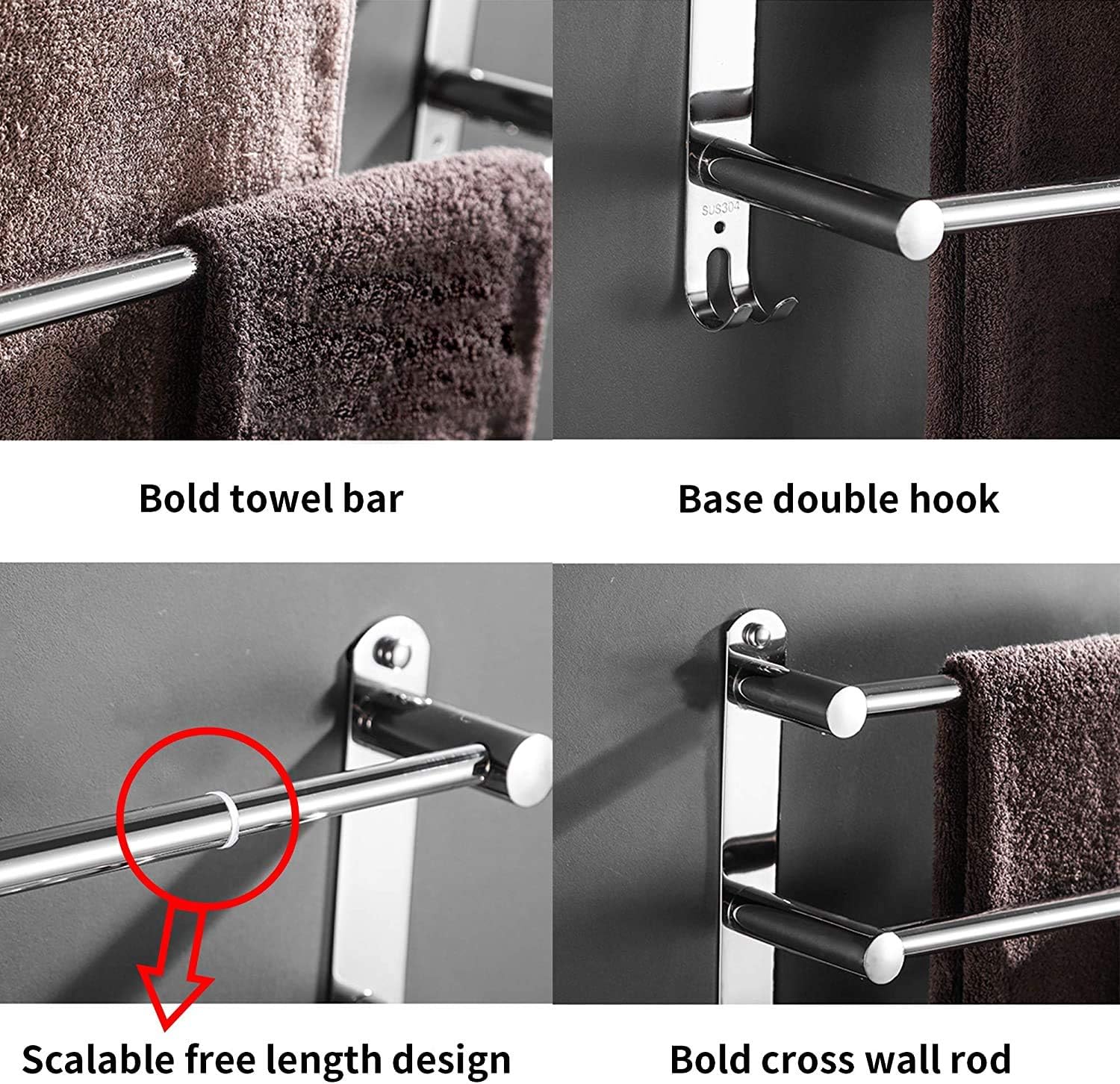 Porte-serviettes mural rétractable 3 niveaux, acier inox, argent, sans perçage