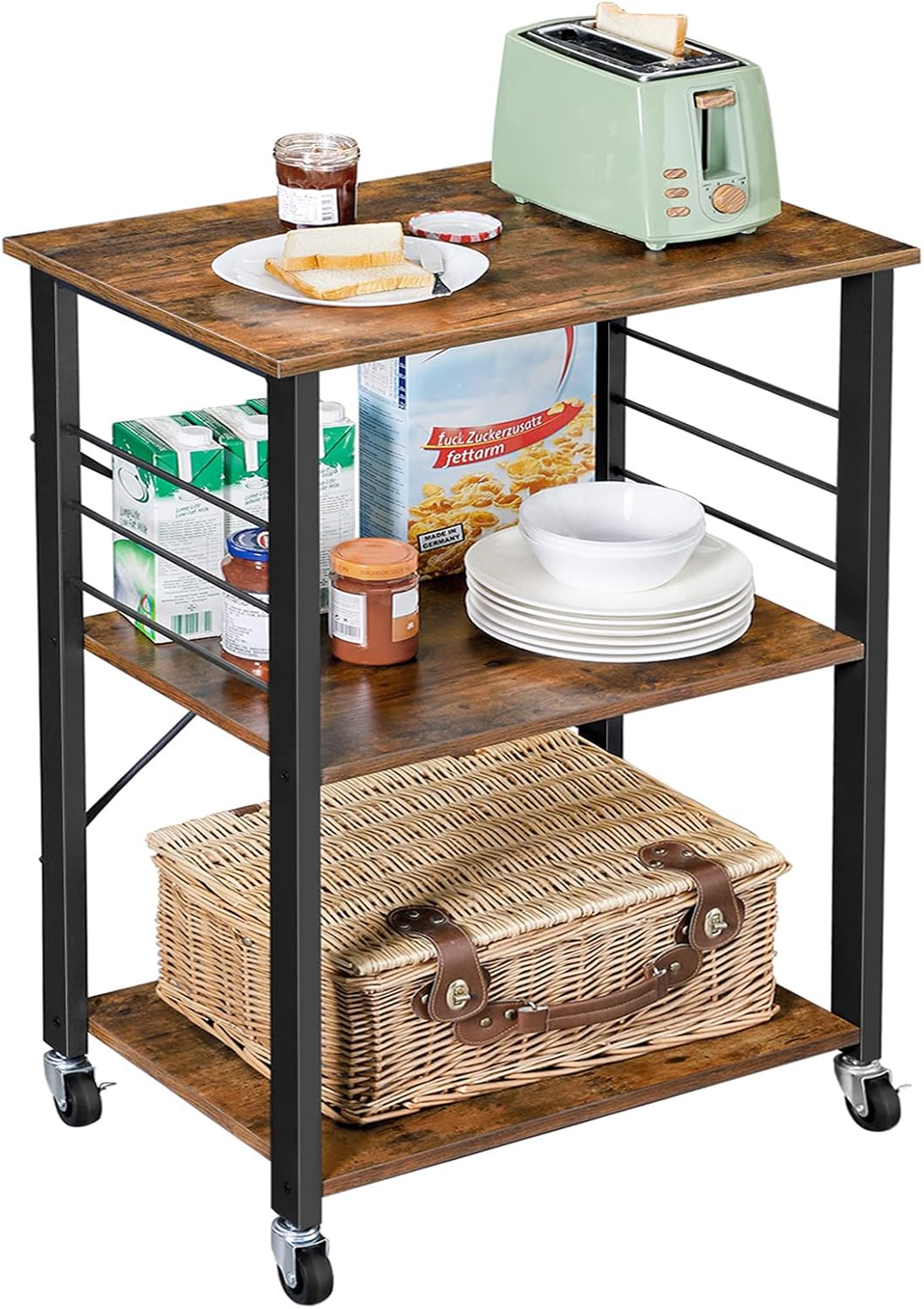 VASAGLE – Étagère cuisine 3 niveaux, métal, roulettes, 40x60x89cm, KKS60XV1