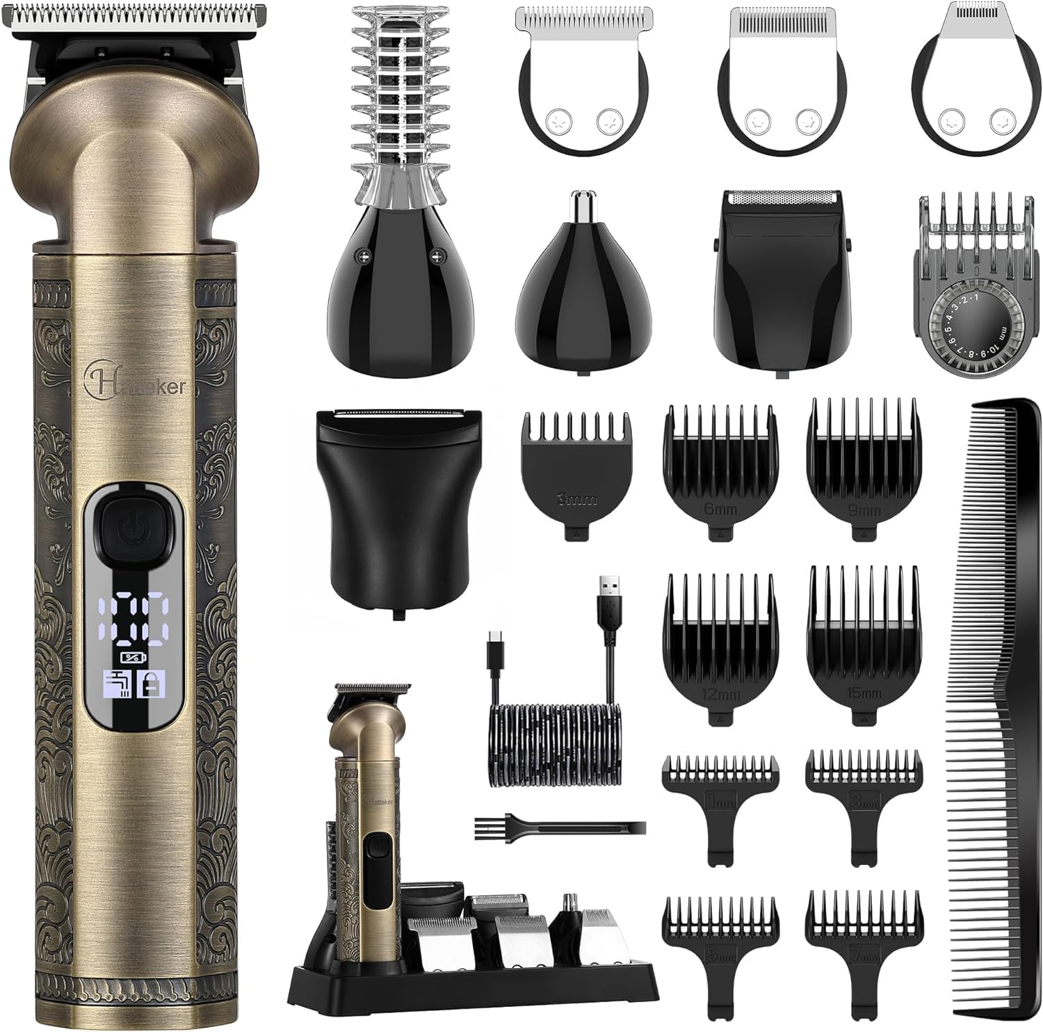 Hatteker - tondeuse barbe et cheveux 8 en 1 - lame en T, rasoir électrique, accessoires précision