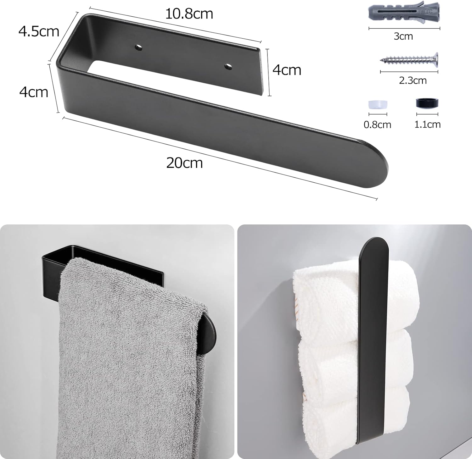 BillyBath - porte-serviette mural série noir - 20 cm - fixation adhésive ou perçage