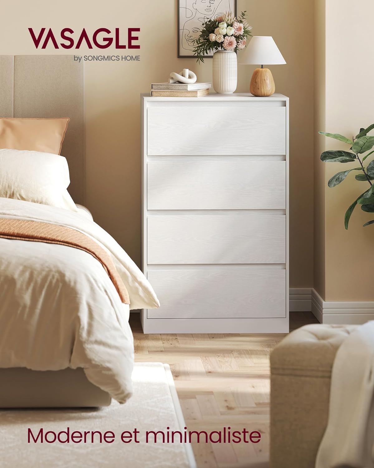 VASAGLE - Kailyn Collection - 40x60x97,4 cm - commode 4 tiroirs, blanc, style moderne LTS614WE02