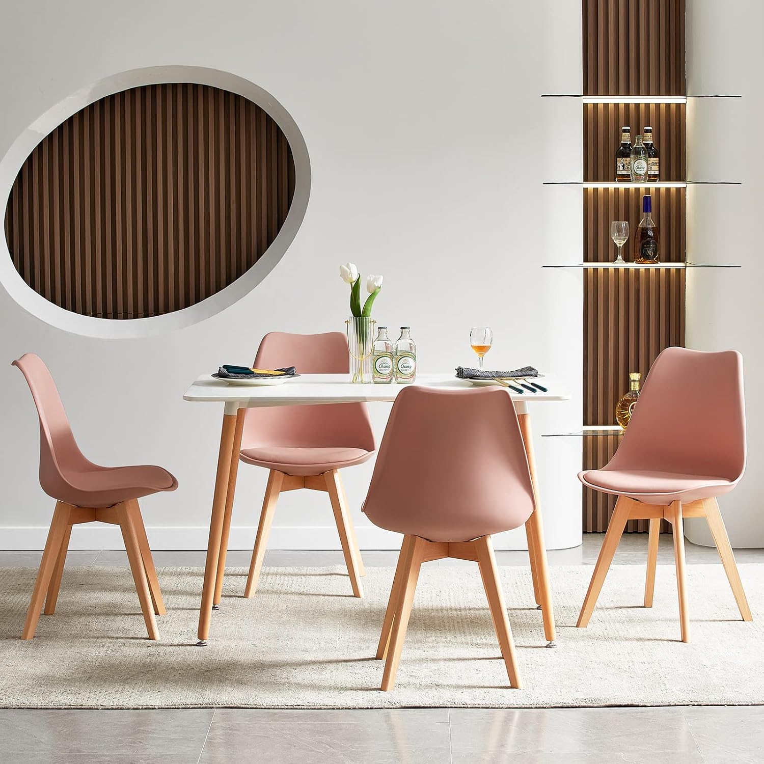 EGGREE - Lot de 4 chaises scandinaves, bois hêtre, rose fumé, assise rembourrée