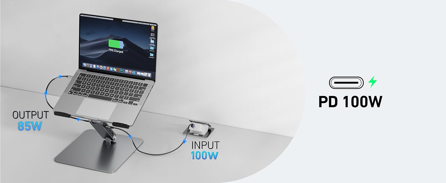 avec entrée 100 W et sortie 65 W. Support de l'appareil et câble visibles. L'icône DP 100W est affichée. Démontre la fourniture d'énergie pour les ordinateurs portables.