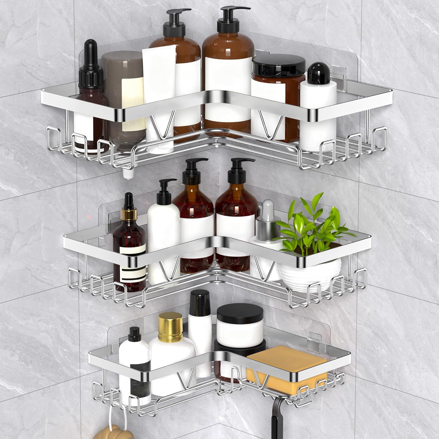 KEGII - étagère douche 3 niveaux - inox, angle, sans perçage, argent