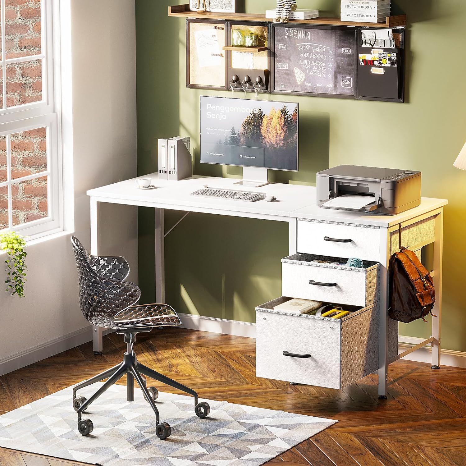 Coleshome - bureau 3 tiroirs tissu, 120x48cm, porte-casque, blanc