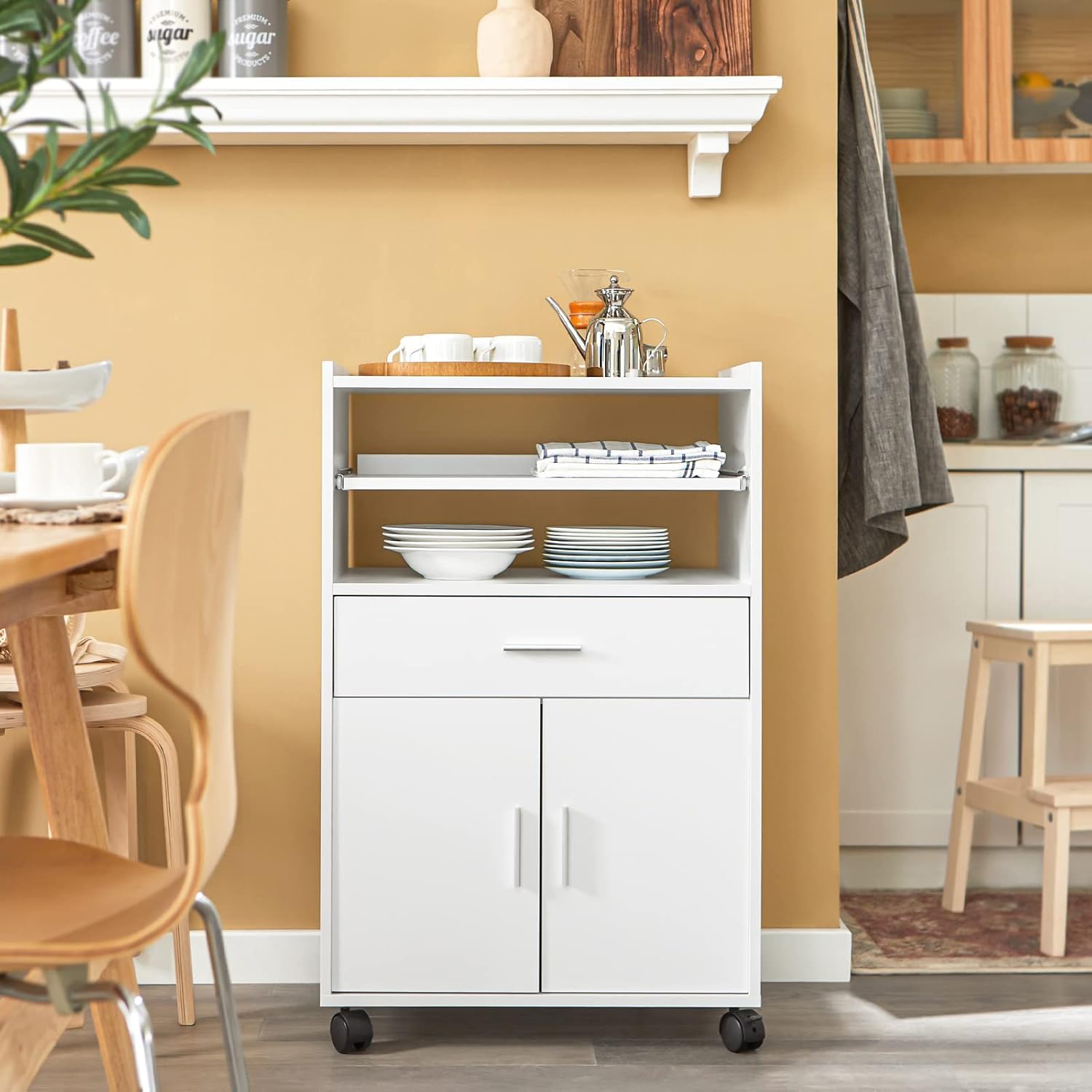SoBuy - chariot de cuisine FSB09-W - 92×59×40 cm - plan de travail extensible, rangement micro-ondes