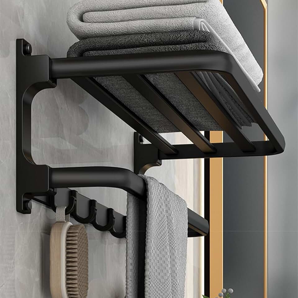 Porte-Serviettes mural sans perçage, 58cm, 5 crochets, noir