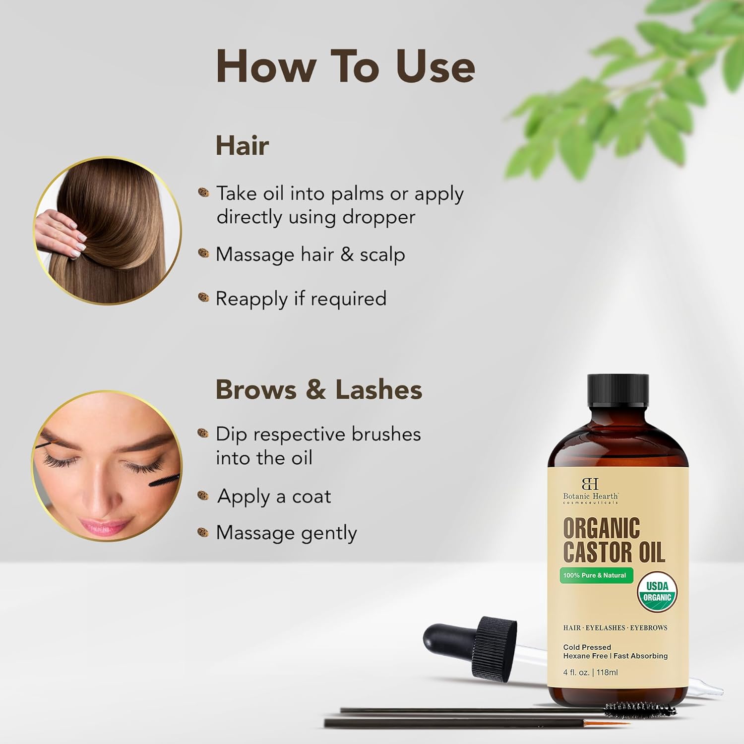 Botanic Hearth - huile de ricin bio - 118,3ml - 100% pure, pressée à froid, soin cils/sourcils/cheveux