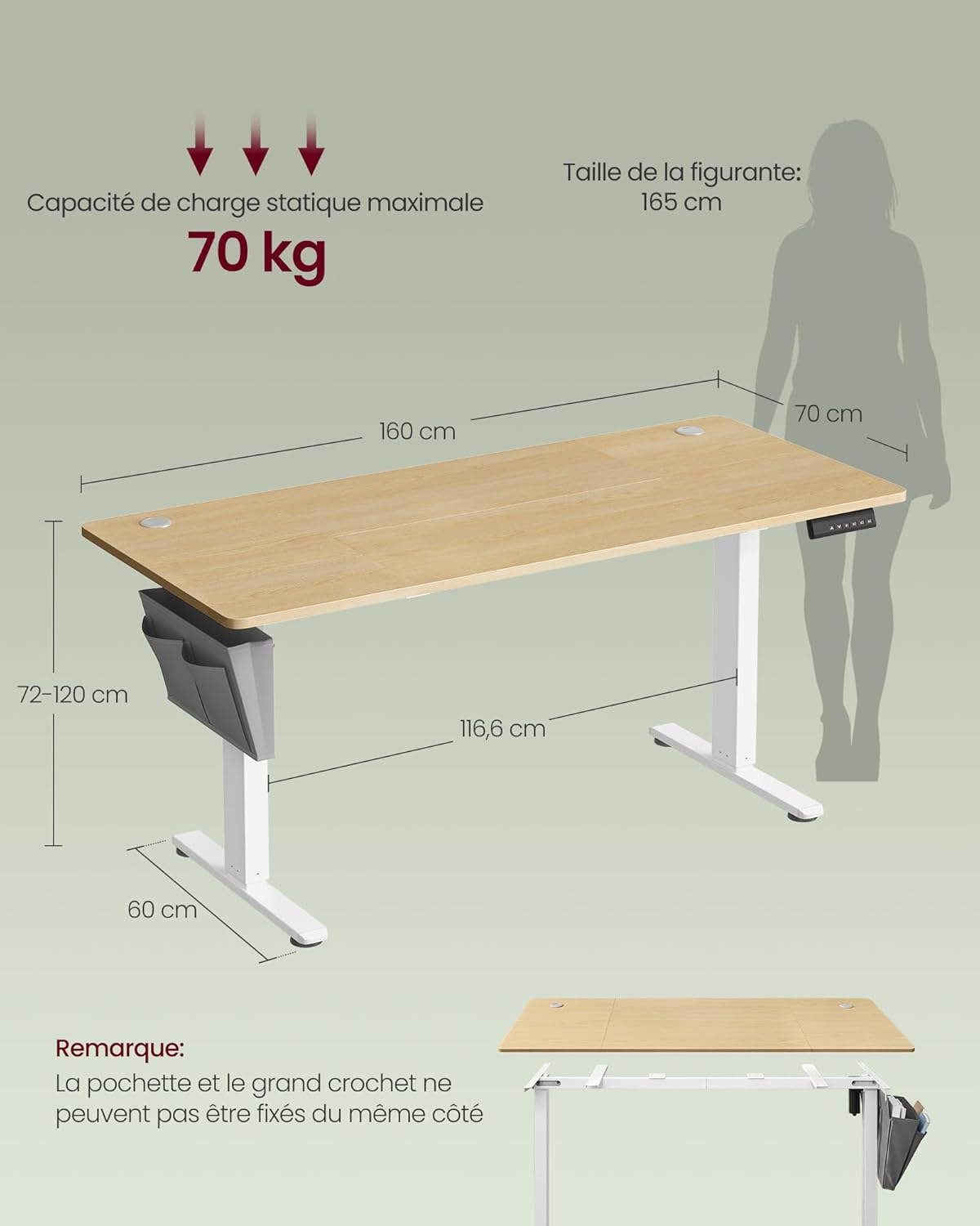 SONGMICS - bureau électrique série LSD - 160x70 cm - hauteur réglable, mémoire 4 positions, doré chêne LSD136Y01