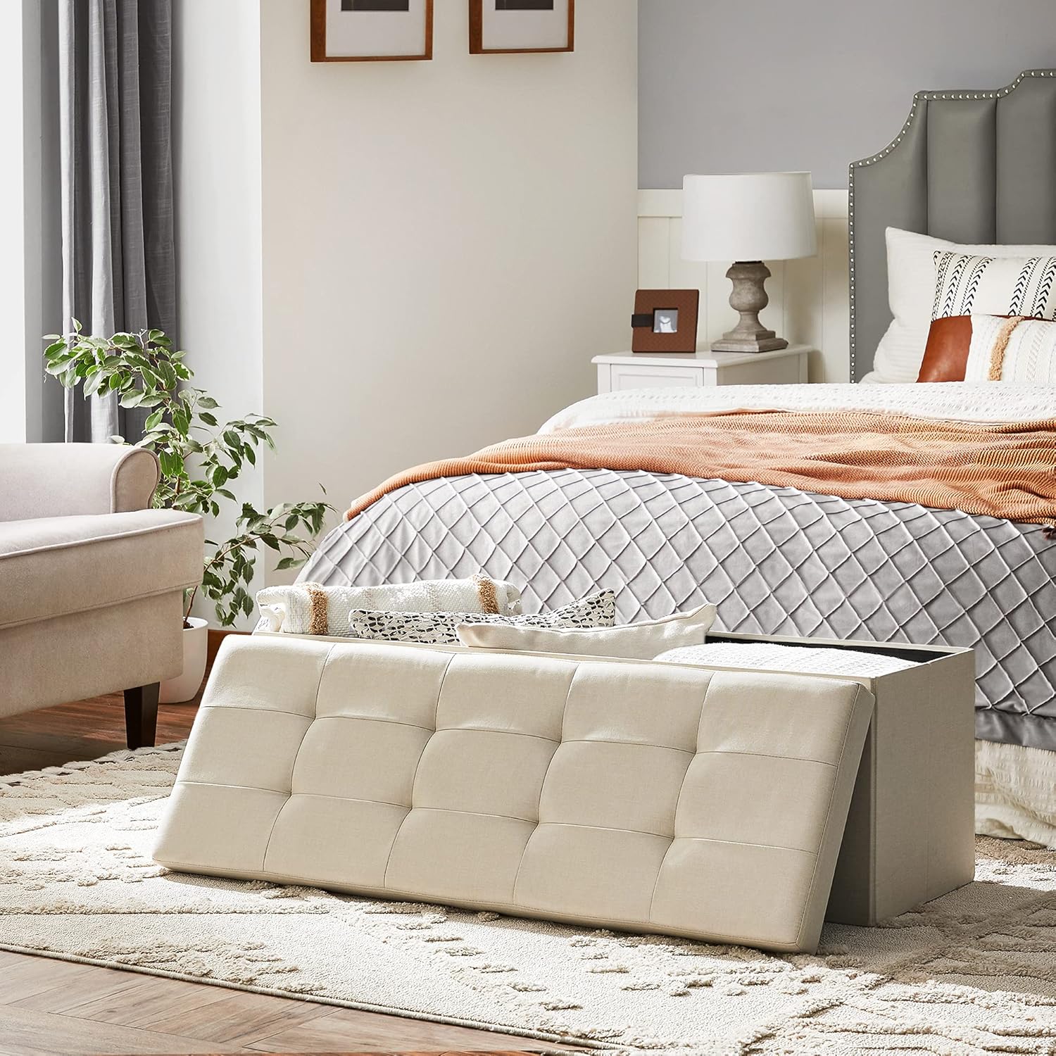 SONGMICS - banc de rangement pliable, 110x38x38 cm, 300 kg, blanc crème LSF77BE