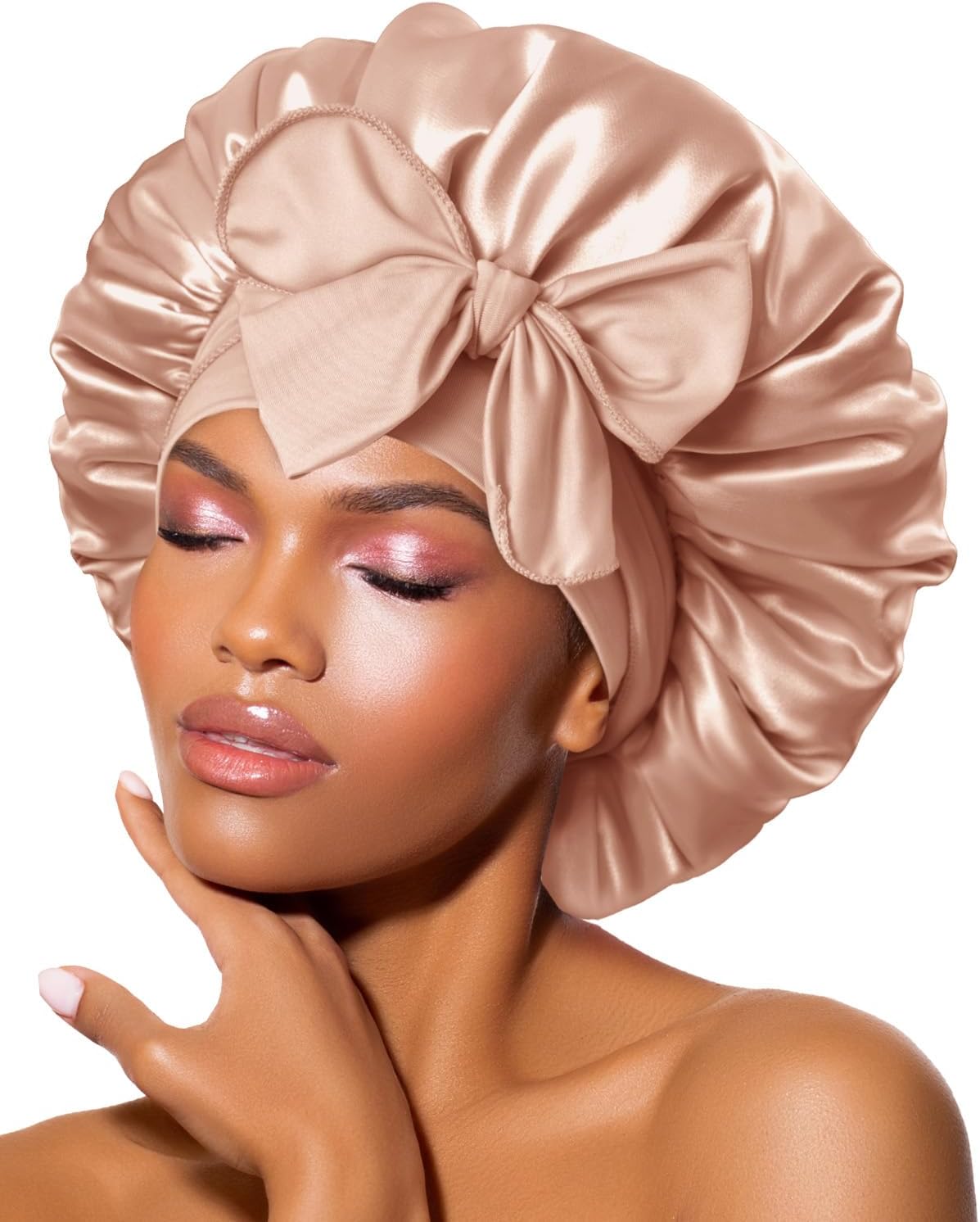 BONNET QUEEN - bonnet satin moyen - ajustable, élastique long, boucle, champagne