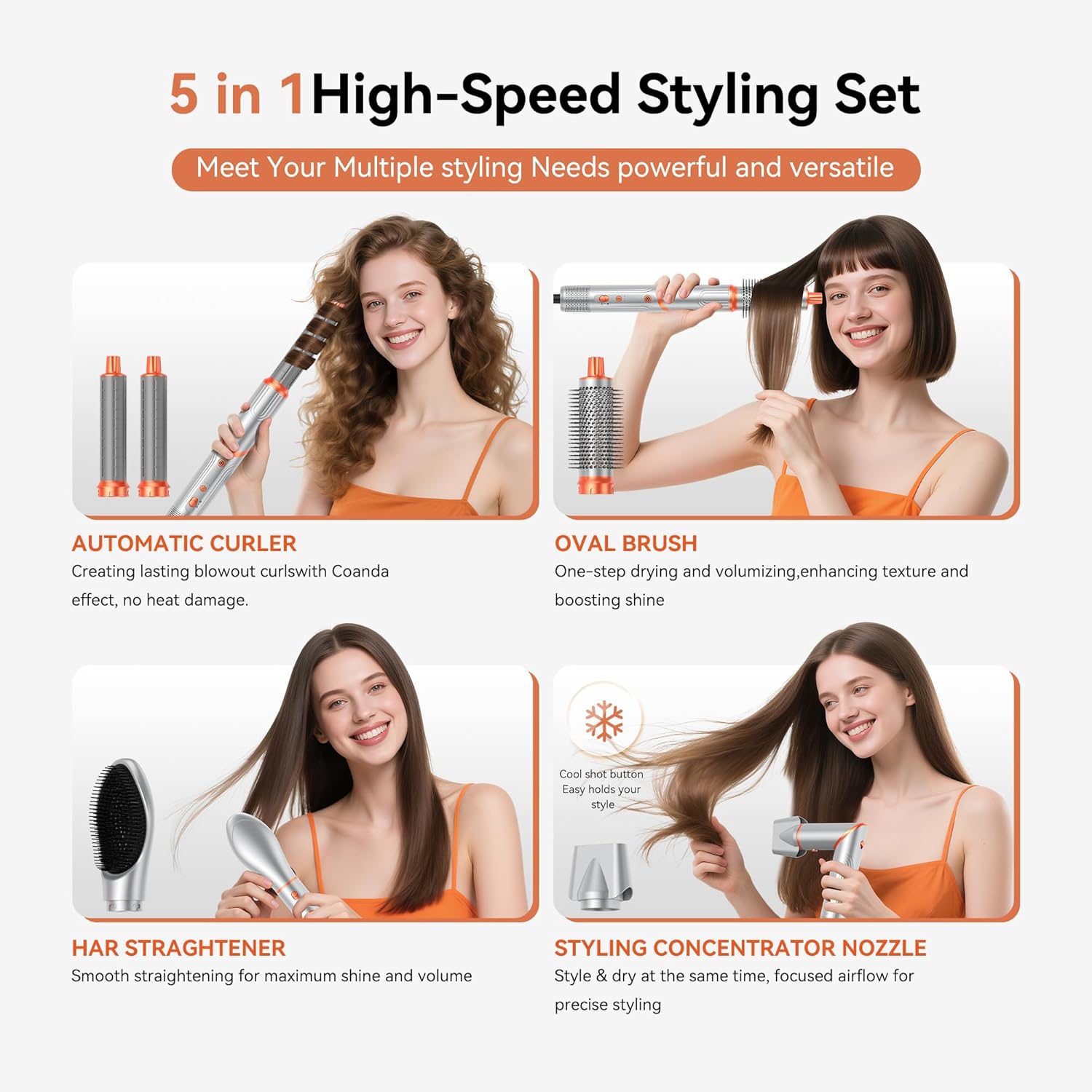 Air Brush 5 en 1 - Brosse coiffante pliante, 110000 tr/min, séchage, lissage, bouclage, argent