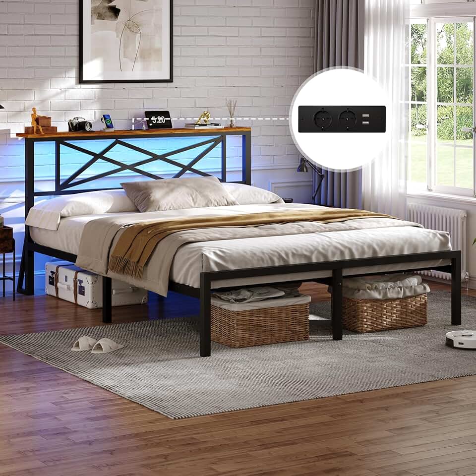 DICTAC - lit double métal LED, 140x190 cm, USB, rangement, vintage