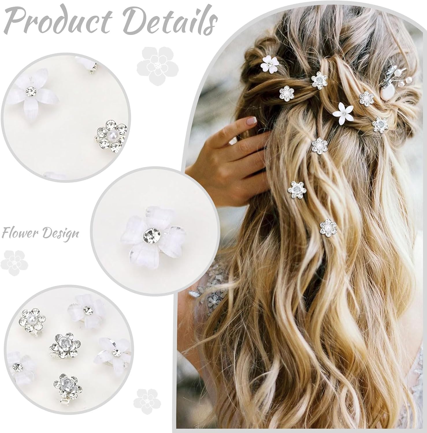 Pinces à cheveux - lot de 20 - mini fleurs strass, métal, mariage