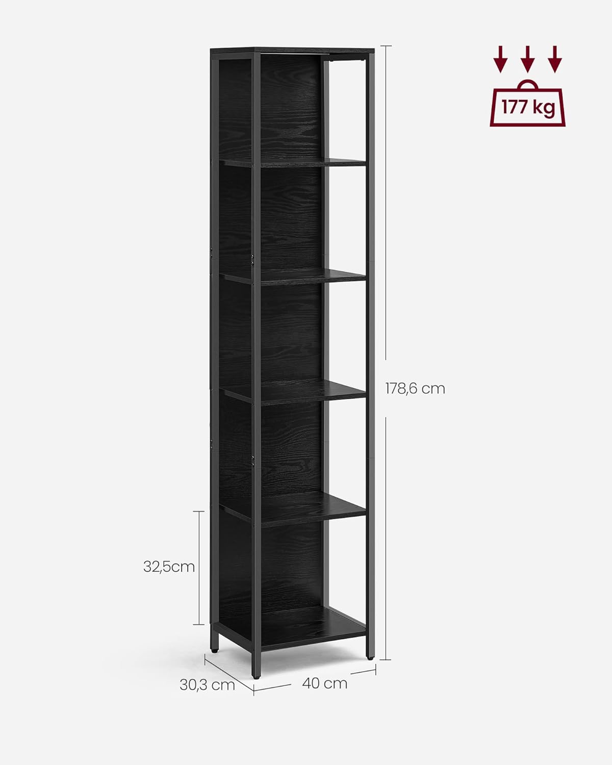 VASAGLE - bibliothèque 6 niveaux, LED réglable, acier, 30,3x40x178,6 cm, LLS121B57