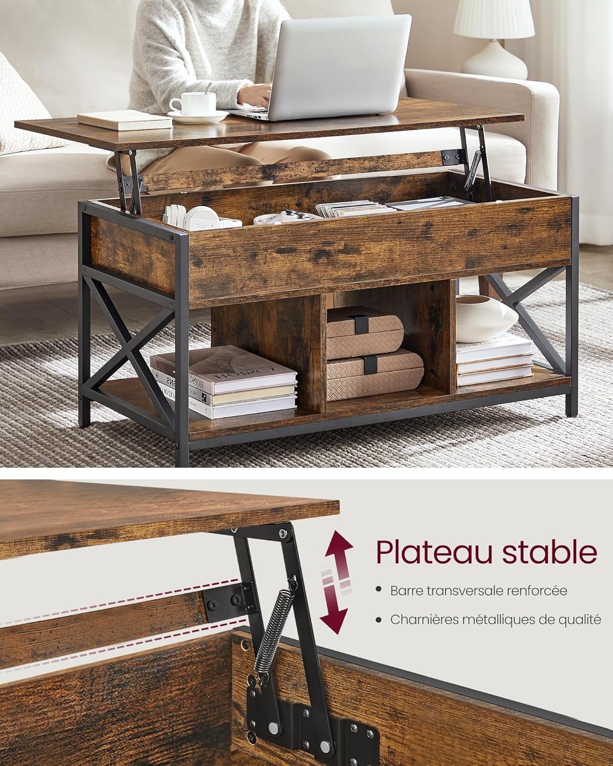 VASAGLE - Table basse série LCT202B01 - 50x100x(46,5-62)cm - plateau relevable, rangement caché, acier